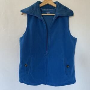 Land's End blue fleece vest women's size L knit winter top pockets turtleneck